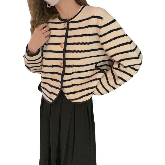 骨格ウェーブ服2wayラウンドネックボーダーアウター