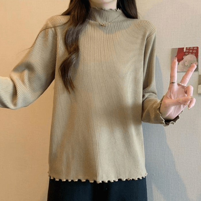 骨格ウェーブハーフネックリブトップス