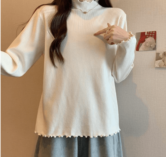 骨格ウェーブハーフネックリブトップス