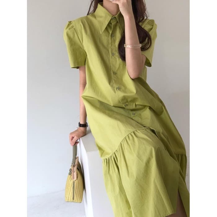 骨格ウェーブ服ギャザーロングワンピース
