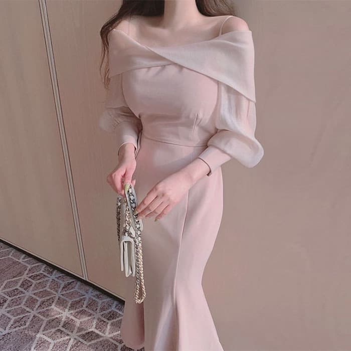 骨格ウェーブ服オフショルマーメイドワンピース