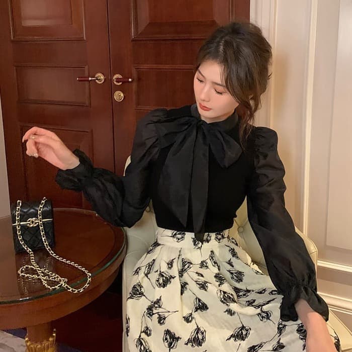 骨格ウェーブ服パフスリーブボウタイブラウストップス