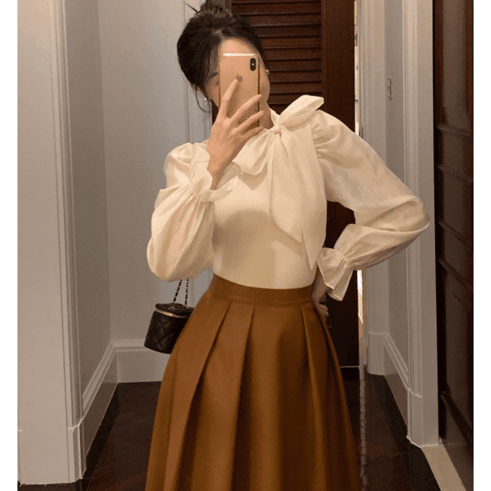 骨格ウェーブ服パフスリーブボウタイブラウストップス