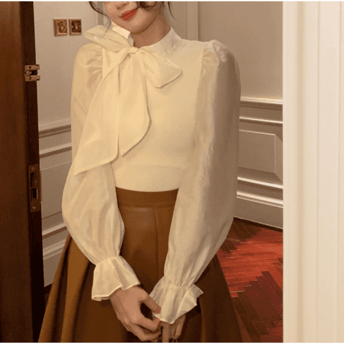 骨格ウェーブ服パフスリーブボウタイブラウストップス