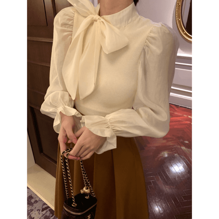 骨格ウェーブ服パフスリーブボウタイブラウストップス
