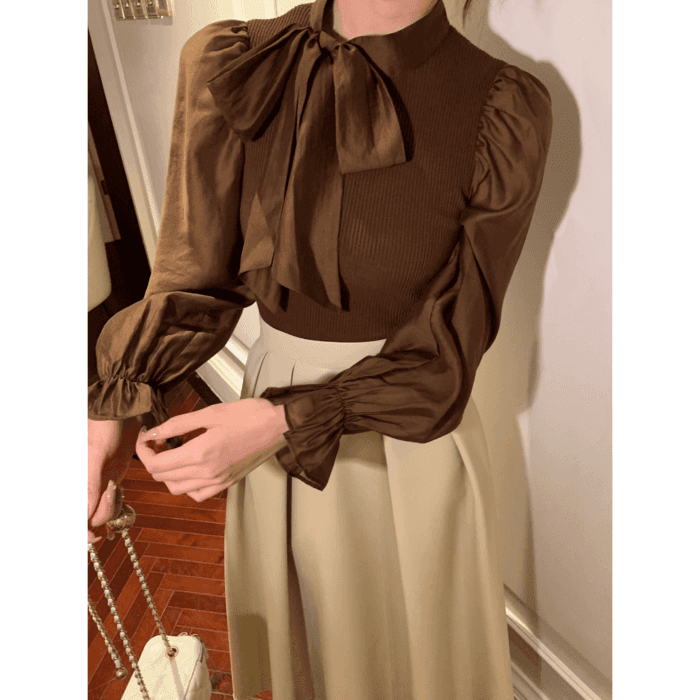 骨格ウェーブ服パフスリーブボウタイブラウストップス