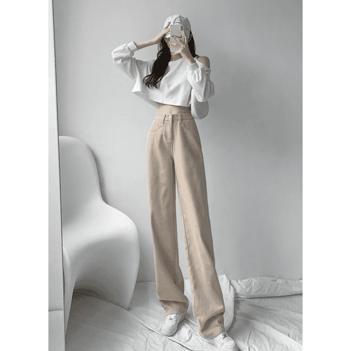 骨格ウェーブ服ハイウエストストレートデニムパンツ