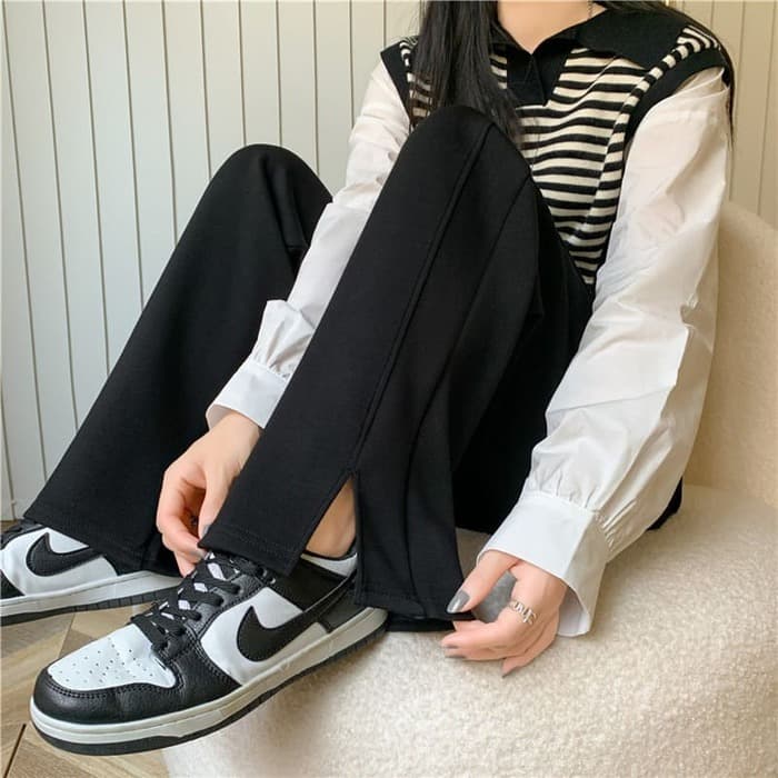 骨格ウェーブ服ストレートサイドカットパンツ