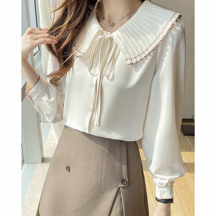 骨格ウェーブ服ビックカラーフリルトップス