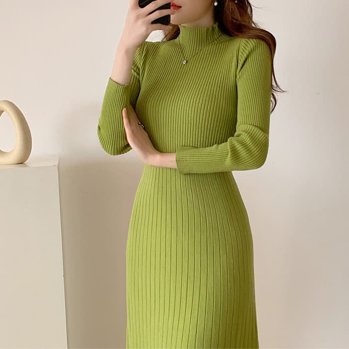 骨格ウェーブ服ウエストマークニットワンピース