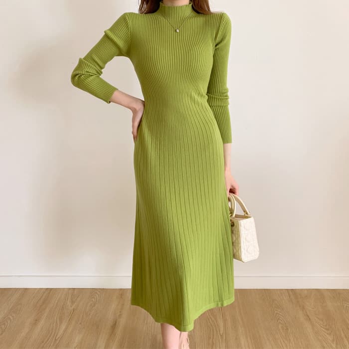 骨格ウェーブ服ウエストマークニットワンピース