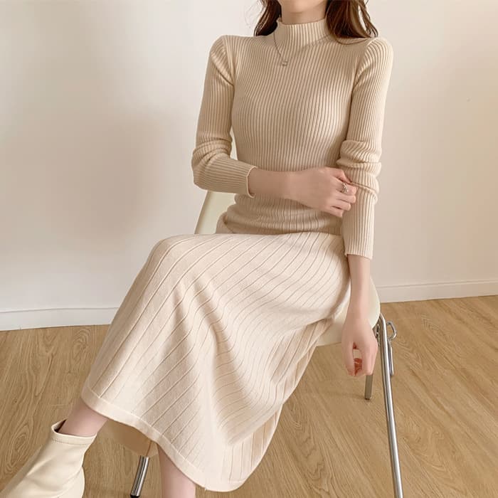骨格ウェーブ服ウエストマークニットワンピース