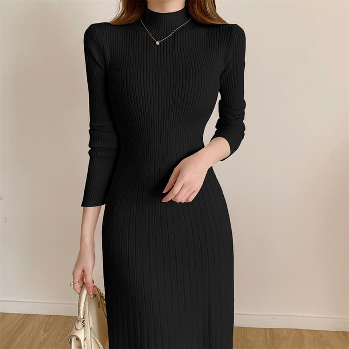 骨格ウェーブ服ウエストマークニットワンピース