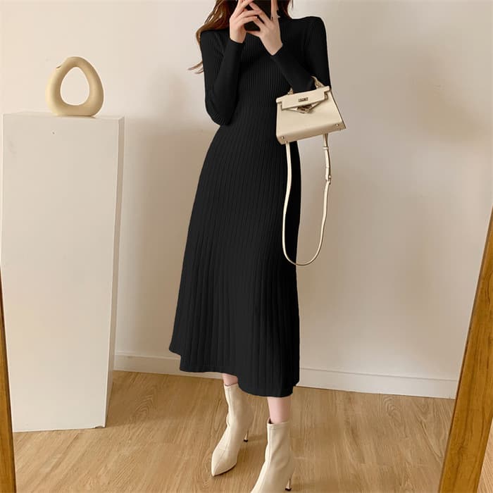骨格ウェーブ服ウエストマークニットワンピース