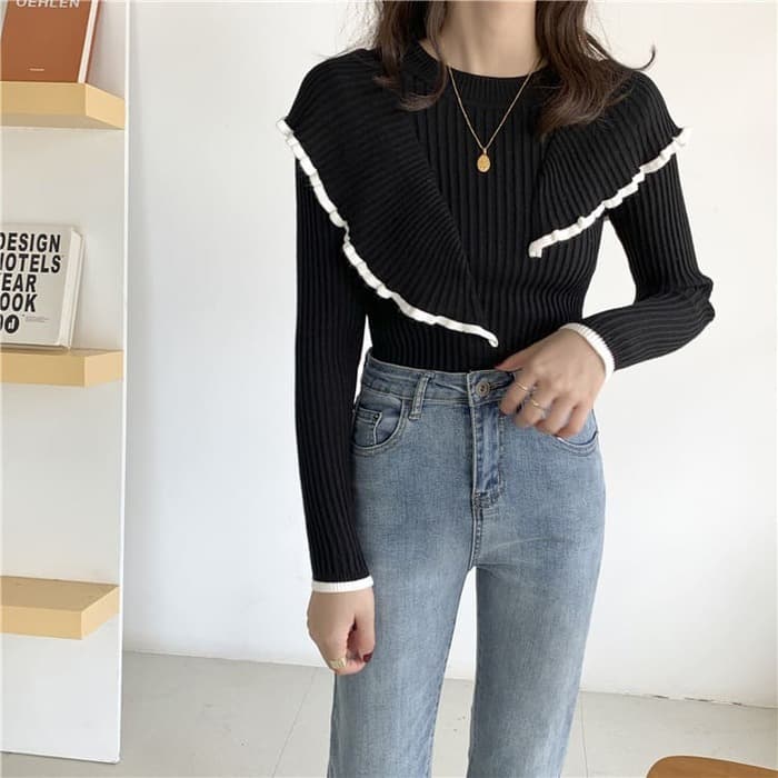 骨格ウェーブ服ダブルカラーフリルニットトップス