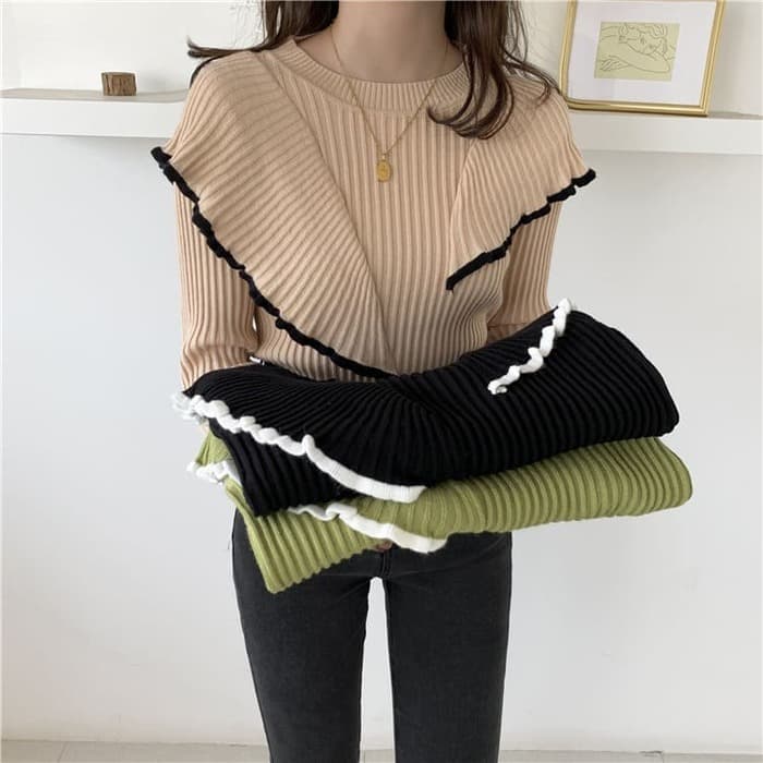 骨格ウェーブ服ダブルカラーフリルニットトップス