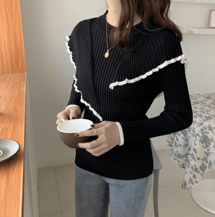 骨格ウェーブ服ダブルカラーフリルニットトップス