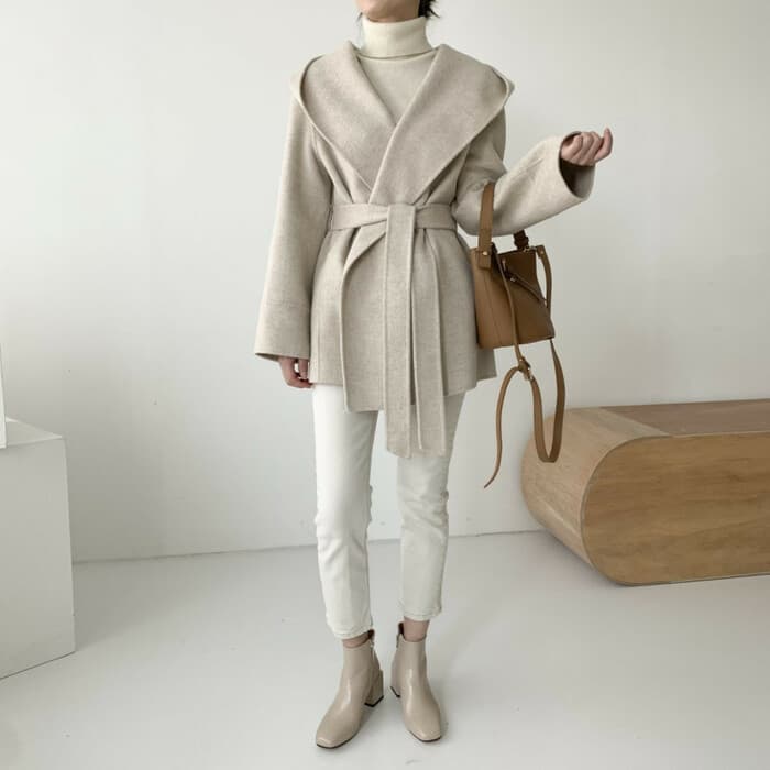 骨格ウェーブ服ベルト付きビックカラーアウターコート