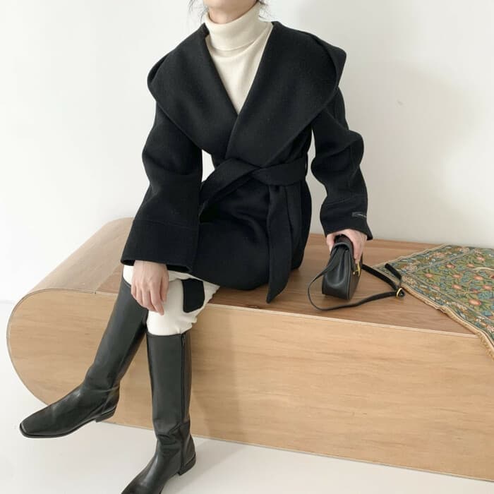 骨格ウェーブ服ベルト付きビックカラーアウターコート
