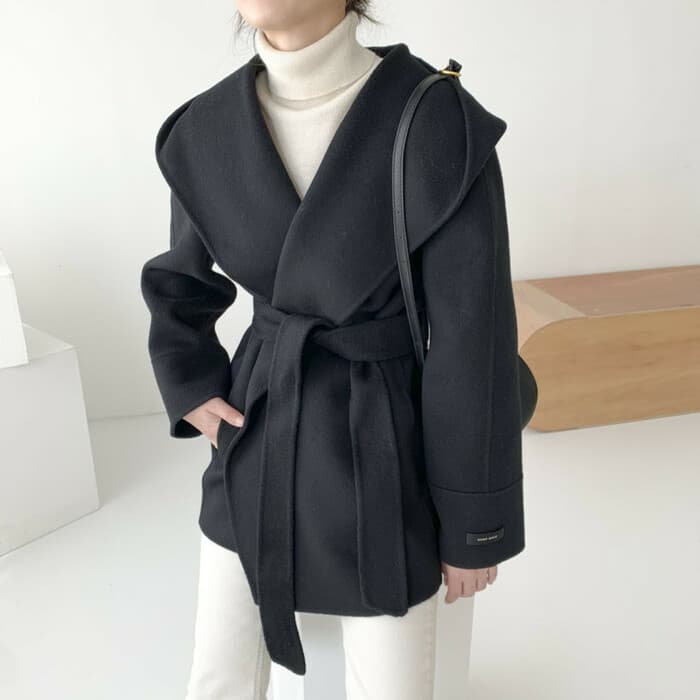骨格ウェーブ服ベルト付きビックカラーアウターコート