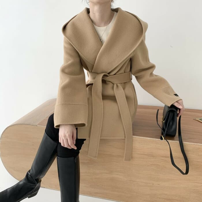 骨格ウェーブ服ベルト付きビックカラーアウターコート