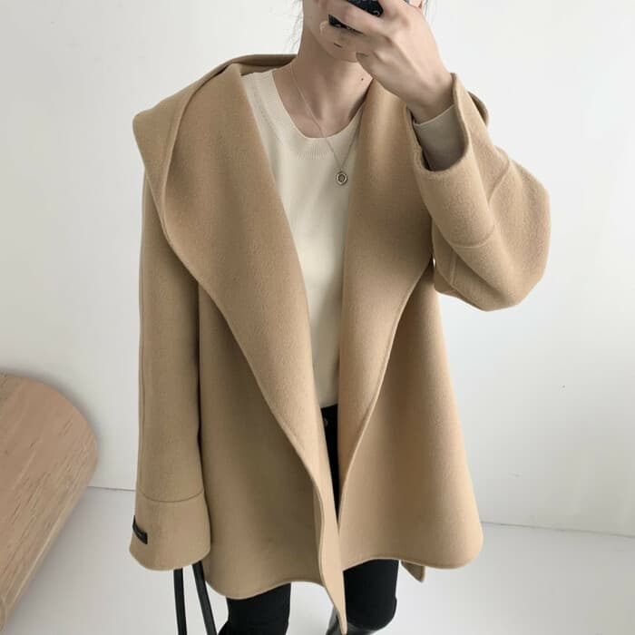 骨格ウェーブ服ベルト付きビックカラーアウターコート