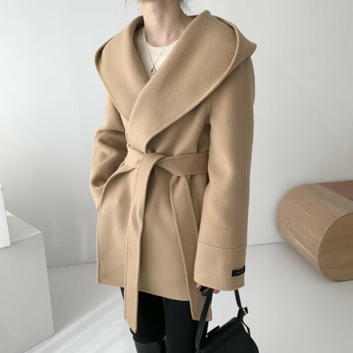 骨格ウェーブ服ベルト付きビックカラーアウターコート