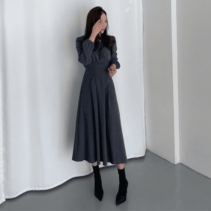 骨格ウェーブ服ウエストタックロングワンピース