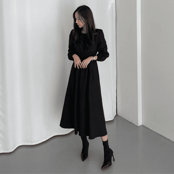 骨格ウェーブ服ウエストタックロングワンピース