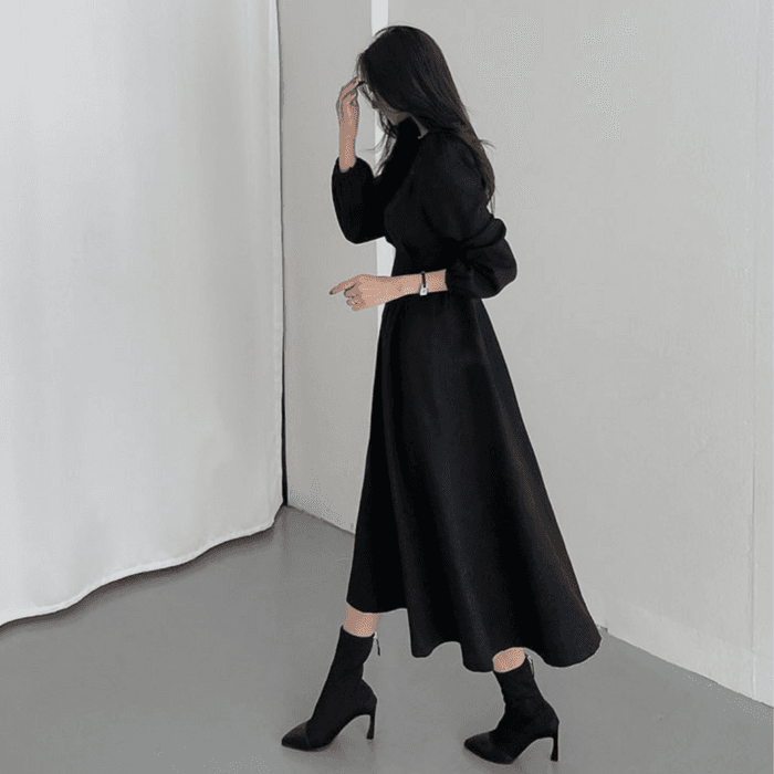 骨格ウェーブ服ウエストタックロングワンピース