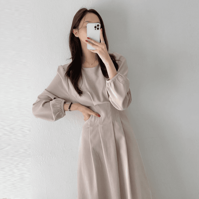 骨格ウェーブ服ウエストタックロングワンピース