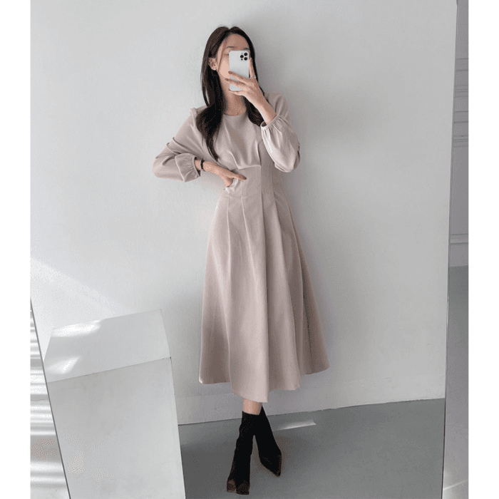 骨格ウェーブ服ウエストタックロングワンピース