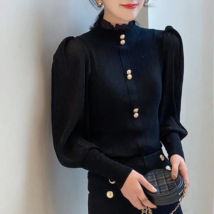 骨格ウェーブ服バルーンスリーブニットトップス