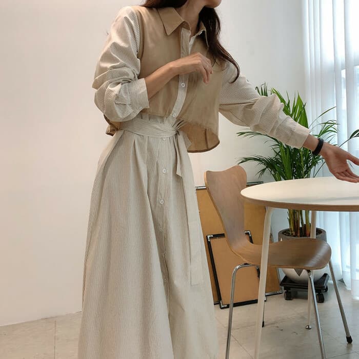 骨格ウェーブレイヤード風ストライプシャツワンピース
