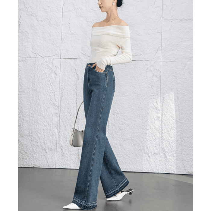 骨格ウェーブハイウエストワイドレッグデニムパンツ