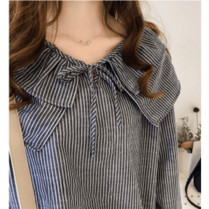 骨格ウェーブ服フリルカラーストライプブラウストップス