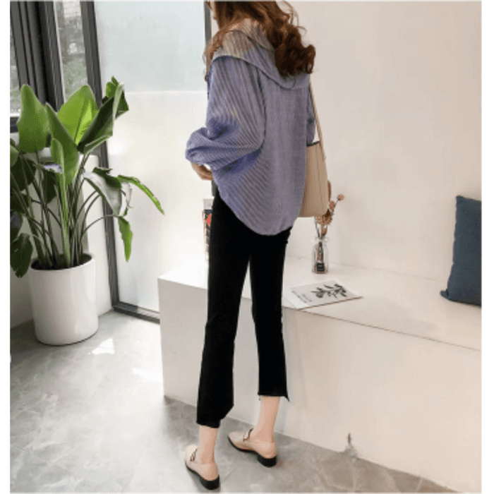 骨格ウェーブ服フリルカラーストライプブラウストップス