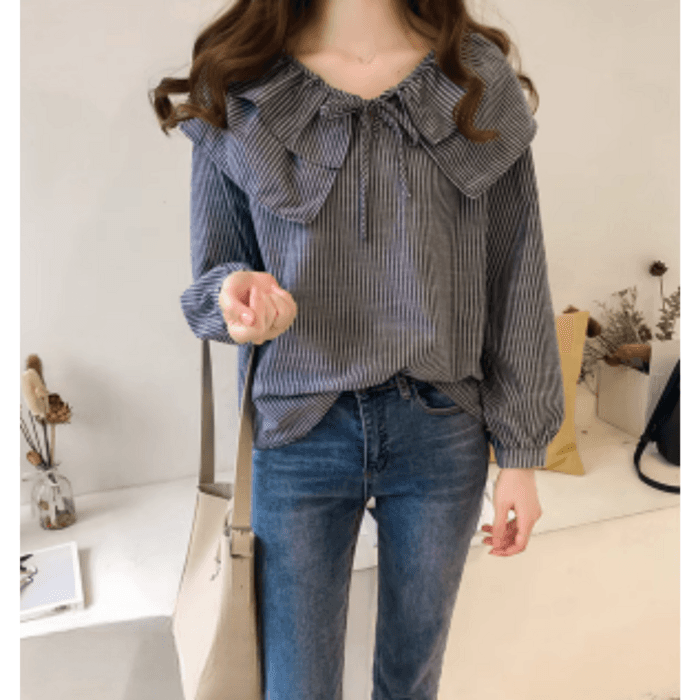骨格ウェーブ服フリルカラーストライプブラウストップス