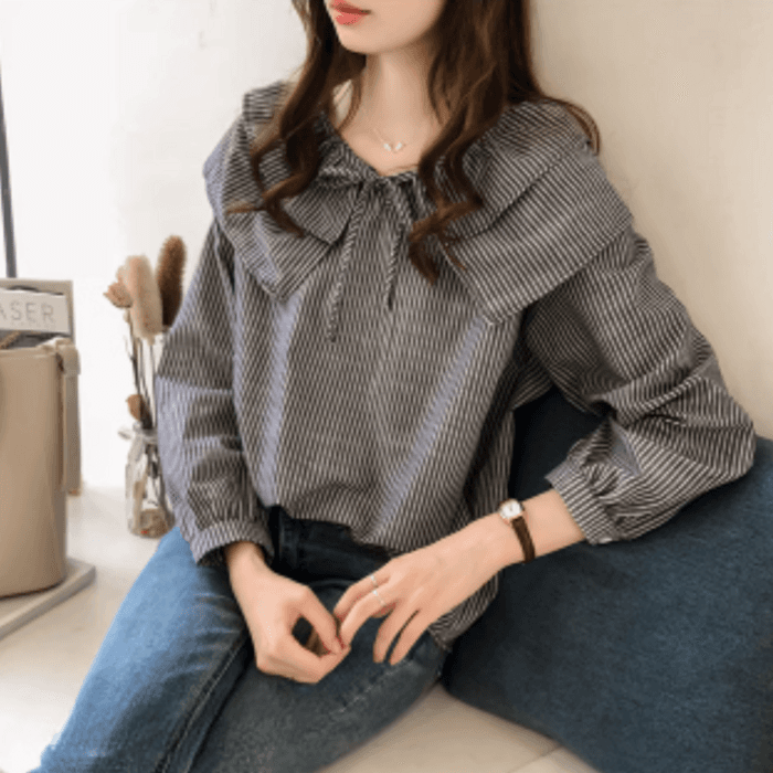 骨格ウェーブ服フリルカラーストライプブラウストップス