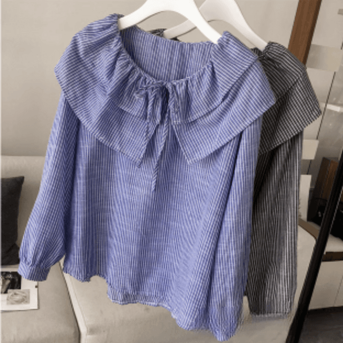 骨格ウェーブ服フリルカラーストライプブラウストップス