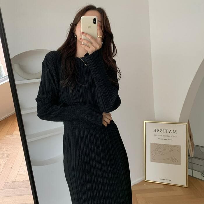 骨格ウェーブ服 ウエストマークラインワンピース