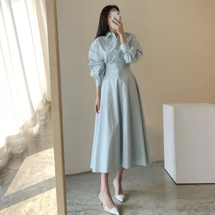骨格ウェーブ服ウエストタックカラーワンピース