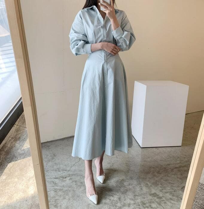 骨格ウェーブ服ウエストタックカラーワンピース