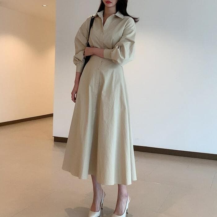 骨格ウェーブ服ウエストタックカラーワンピース