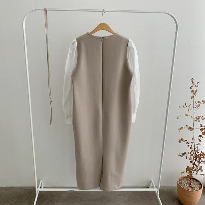 骨格ウェーブ服パフスリーブウエストマークワンピース