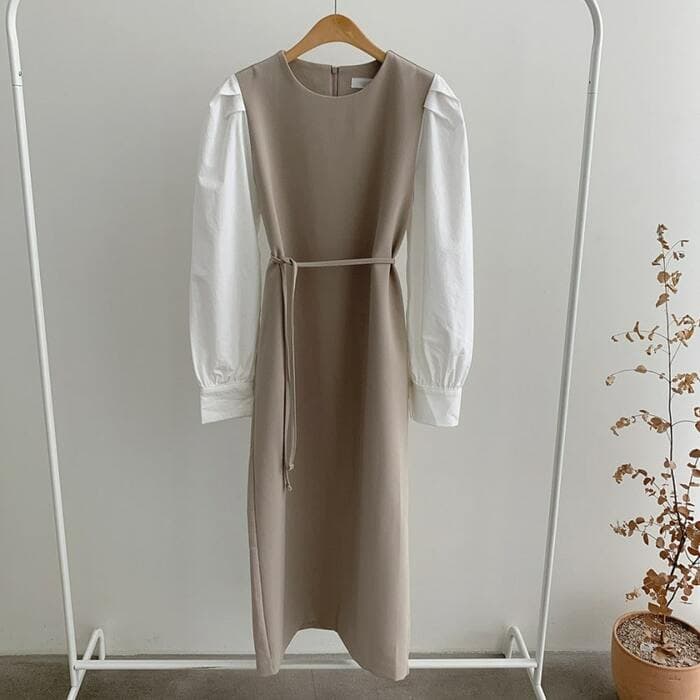 骨格ウェーブ服パフスリーブウエストマークワンピース