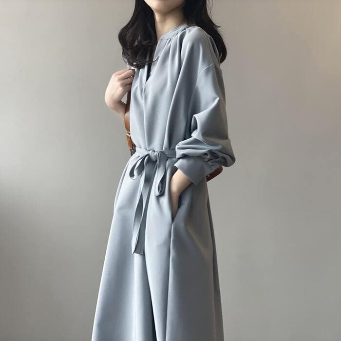 骨格ウェーブ服ウエストマークVネックワンピース