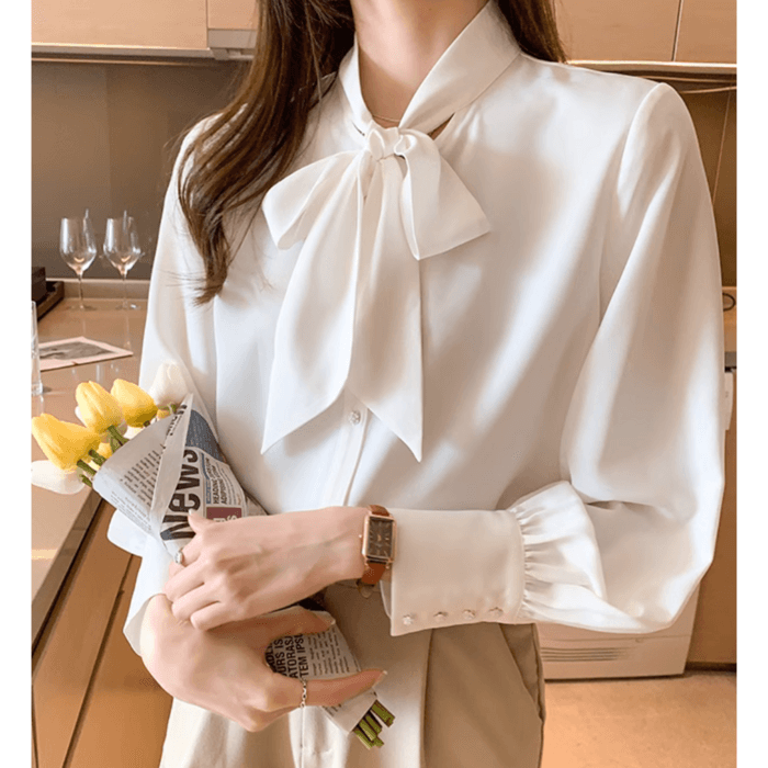 骨格ウェーブシフォンボウタイブラウストップス