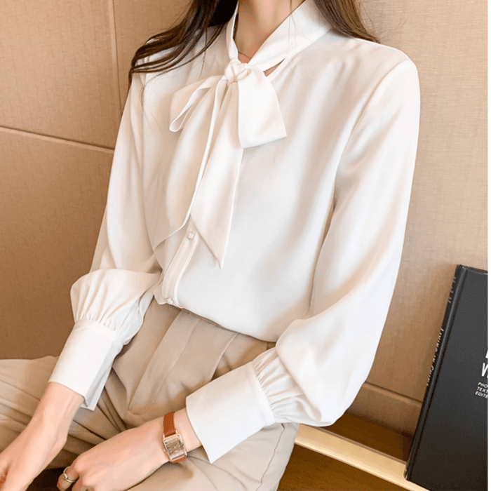 骨格ウェーブシフォンボウタイブラウストップス