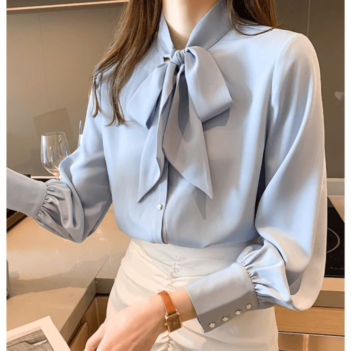 骨格ウェーブシフォンボウタイブラウストップス